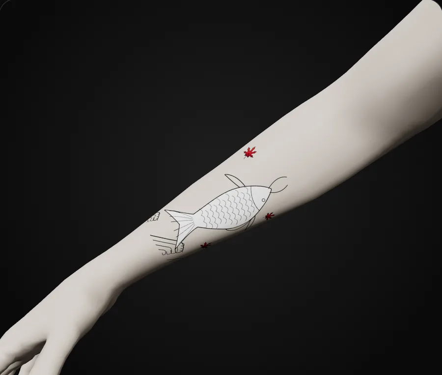 A koi design placed on a 3D model of a forearm